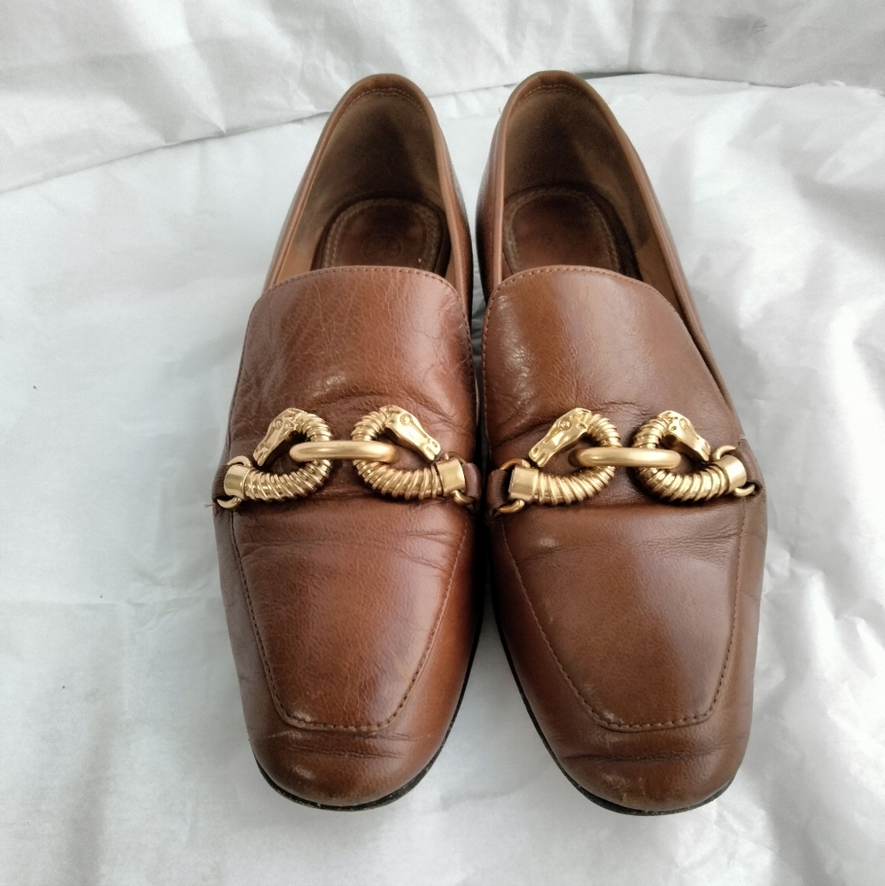 Tory Burch Brown Leather Loafers with Gold Accents